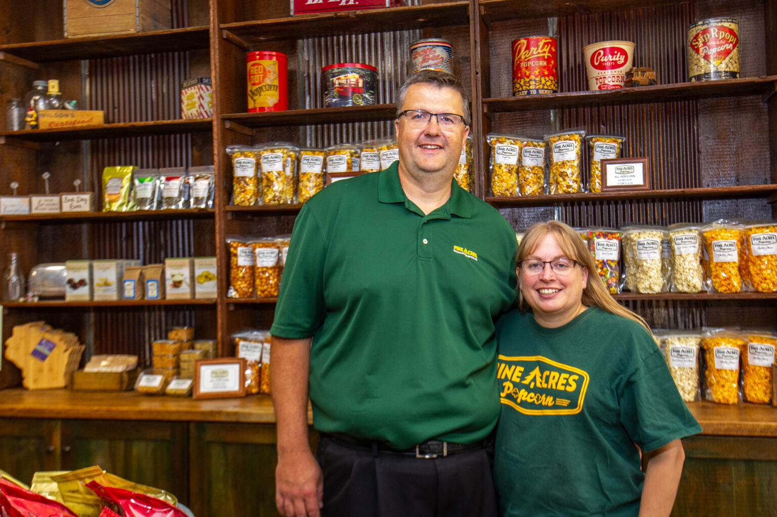 Pine Acres popcorn grand opening; picture of owners Ed and Christine Grochowski