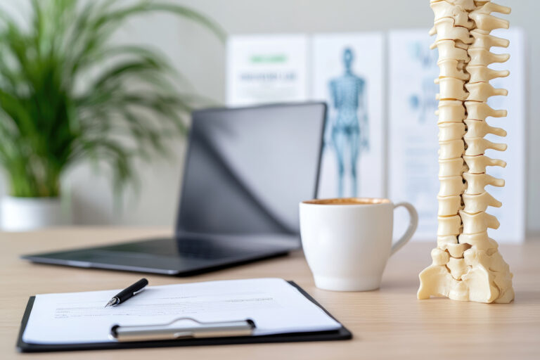 workspace-with-spine-model-laptop-and-coffee-cup-for-medical_70373701